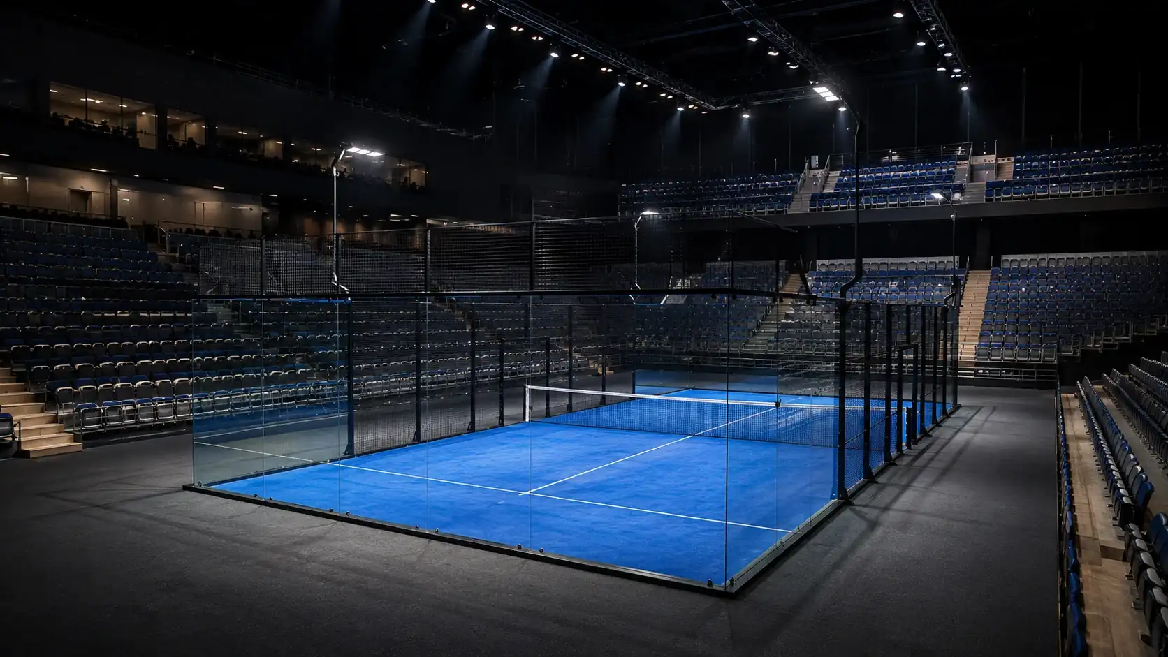 Innenansicht einer modernen Padel-Arena mit Glasrückwand und Tribünen — CASTELLO Düsseldorf als Austragungsort des Premier Padel P2